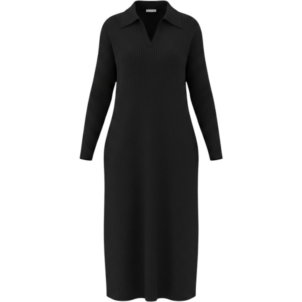 Minimalist Waffle Knit Dress Women M Black Excellent V-Neck Long Sleeve